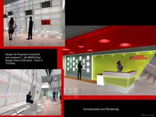 Conceptualize and Renderings Design 3d Prepared in AutoCAD and rendered in  3ds  MAX(Vray ) Design Area is 200 sqmtr,  Done in 7-8 Days,  