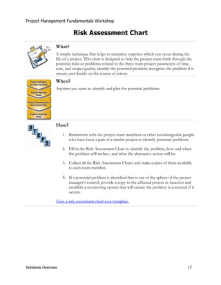 Project Management Fundamentals Workshop 
Risk Assessment Chart 
What? 
A simple technique that helps to minimize surprises which can occur during the 
life of a project. This chart is designed to help the project team think through the 
potential risks or problems related to the three main project parameters of time, 
cost, and scope/quality; identify the potential problem; recognize the problem if it 
occurs; and decide on the course of action. 
When? 
Anytime you want to identify and plan for potential problems. 
How? 
1. Brainstorm with the project team members or other knowledgeable people 
who have been a part of a similar project to identify potential problems. 
2. Fill in the Risk Assessment Chart to identify the problem, how and when 
the problem will surface, and what the alternative action will be. 
3. Collect all the Risk Assessment Charts and make copies of them available 
to each team member. 
4. If a potential problem is identified that is out of the sphere of the project 
manager’s control, provide a copy to the effected person or function and 
establish a monitoring system that will ensure the problem is corrected if it 
occurs. 
View a risk assessment chart tool/template. 
Notebook Overview 17 
 