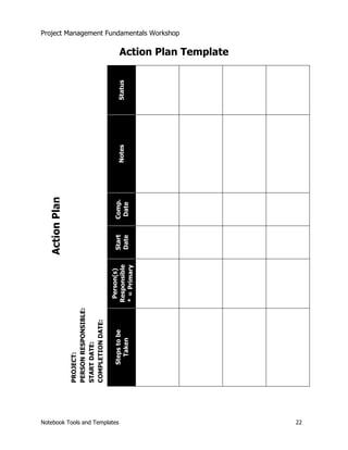 Project Management Fundamentals Workshop 
Notebook Tools and Templates 22 
Action Plan Template 
Status 
Notes 
Comp. 
Date 
Start 
Date 
Person(s) 
Responsible 
* = Primary 
Action Plan 
PROJECT: 
PERSON RESPONSIBLE: 
START DATE: 
COMPLETION DATE: 
Steps to be 
Taken 
 