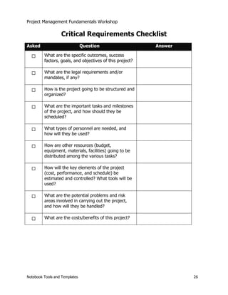 Project Management Fundamentals Workshop 
Critical Requirements Checklist 
Asked Question Answer 
… What are the specific outcomes, success 
factors, goals, and objectives of this project? 
… What are the legal requirements and/or 
mandates, if any? 
… How is the project going to be structured and 
organized? 
… What are the important tasks and milestones 
of the project, and how should they be 
scheduled? 
… What types of personnel are needed, and 
how will they be used? 
… How are other resources (budget, 
equipment, materials, facilities) going to be 
distributed among the various tasks? 
… How will the key elements of the project 
(cost, performance, and schedule) be 
estimated and controlled? What tools will be 
used? 
… What are the potential problems and risk 
areas involved in carrying out the project, 
and how will they be handled? 
… What are the costs/benefits of this project? 
Notebook Tools and Templates 26 
 