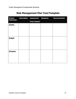 Project Management Fundamentals Workshop 
Risk Management Plan Tool/Template 
Project 
Parameter 
Description Assessment 
Freq./Impact 
Response Documentation 
Quality 
Budget 
Schedule 
Notebook Tools and Templates 39 
 
