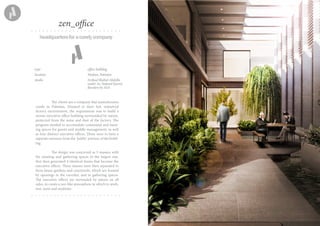 headquartersforacandycompany
zen_office
The clients are a company that manufactures
candy in Pakistan. Situated in their hot, industrial
factory environment, the requirement was to build a
serene executive office building surrounded by nature,
protected from the noise and dust of the factory. The
program needed to accomodate communal and meet-
ing spaces for guests and middle management, as well
as four distinct executive offices. These were to have a
separate entrance from the ‘public’ portion of the build-
ing.
The design was concieved as 5 masses; with
the meeting and gathering spaces in the largest one,
that then generated 4 identical forms that become the
executive offices. These masses were then separated to
form linear gardens and courtyards, which are framed
by openings in the corridor, and in gathering spaces.
The executive offices are surrouded by nature on all
sides, to create a zen-like atmosphere in which to work,
rest, meet and meditate.
type office building
location Multan, Pakistan
studio Arshad Shahid Abdulla
under Ar. Naheed Kazmi
Renders by ASA
 