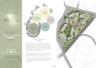 The line of the design goes around the site, fragment-
ing more and more frequently, making increasing the
permeability towards the sports club to the southeast,
and blocking off the urban and mountainous areas to
the southwest and northwest, with its higher density
of green areas and impermeability.
The commercial and social zone are at the most
permeable point, acting as connectors to the public
sports club, a buffer zone to the outside world.
Each opening in the ground, leads to different areas
within the site, creating circulation for bicycles as well
as pedestrians.
site plan
the line of housing/
zoning
peaks and valleys ensure
that sun reaches courtyards
peaks contain penthouses
with better views
voids beneath the valleys form
pathways for people to enter the site
valleys form social
terraces
fragmen
ta
ti
on
deep green
park
social plaza/
flower garden
outdoor
sports
commercial
zone
public
green
 