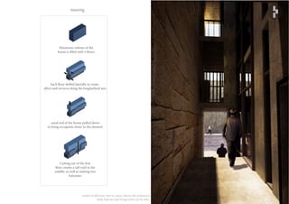 render of alleyway view to canal. Above, the professor’s
study balcony and living room can be seen.
Maximum volume of the
house is filled with 3 floors
Each floor shifted laterally to create
alleys and terraces along the longitudinal axis
canal end of the house pulled down
to bring occupants closer to the element
Cutting out of the first
floor creates a tall void in the
middle, as well as making two
balconies
massing
 