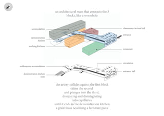 an architectural mass that connects the 3
blocks, like a wormhole
the artery collides against the first block
skims the second
and plunges into the third,
dissipating and disintegrating
into capillaries
until it ends in the demonstration kitchen
a great mass becoming a furniture piece
entrance
restaurant
entrance hall
circulation
classrooms+lecture hall
teaching kitchens
demonstration kitchen
seats
walkways to accomodation
accomodation
demonstration
kitchen
 