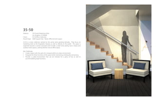 35-50
Address:     103 South Robertson Blvd.
             Los Angeles, CA 90048
Client:      35-50 Wine Collective
Area & Type: 5000 Square Feet. Retail, Office & Event Space

35-50 is a wine collective named for the prime wine growing latitudes. They focus on
marketing wine to the hospitality industry, as well as directly to the public. The space is
organized around a central courtyard and includes a retail wine tasting room, indoor and
outdoor event spaces, catering kitchen and an office space.

Key Challenges
• Create a space with the spirit of a vineyard within an urban environment.
• Integrate the three functions of the space while maintaining individuality and privacy.
• Provide a scaled environment that can be intimate for a party of four as well as
   accommodating large functions.
 