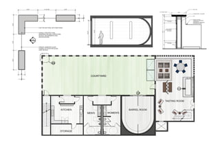 2'-0"                        1'-10 1/2"              2'-0"                                                                                                             SPILL RAIL


                                                                                                                              1/16" EASED EDGE

                                                                                                                                                                                    CAESARSTONE - "BLIZZARD"




                                                                                                                                           2"
                                    EQ. EQ.
                                                                                                                                                                                    FRP




                                                                          8"
                                                                                                                                                                                    REVIEW KITCHEN




                                                                                                                                           8"
                                                                                                                                                    SOLID OAK WITH                  CONSULTANT DRAWINGS
                                                                                                                                                         OIL FINISH                 FOR PRODUCT
                                                                                                                                                                                    INFORMATION, DIMENSIONS
                                                                                                                                                                                    AND SPECIFICATIONS.
2'-0"




                              COR-TEN AZP STEEL WITH RAW FINISH
                                                                                                                                                      OAK VENEER
                                                                                                                                                    PLYWOOD WITH




                                                                                             11'-0"
                                                                                                                                                        OIL FINISH.




                                                                                                                                           1'-10"
                                                                                                                                   3'-6"
                                                                                    10'-0"
                              CONSULT ARCHITECTURAL
                              DRAWINGS FOR WALL STRUCTURAL
                              DETAILS, REQUIREMENTS AND
                              SPECIFICATIONS.

                        8
                     ID-704
1'-8"




                                                                                                                                                    SOLID OAK WITH
                                                                                                                                                         OIL FINISH




                                                                                                                                           10"
                              OPAQUE LAMINATED GLASS.
                              CONSULT ID-703 #5 FOR GLASS
                              JOINT DETAILS.
2'-0"




        8"




                                                                                                                                                                              7
                                                                                                                                                                           ID-712




                                                                                                                                                    TASTING ROOM
                                              UP


                                                                               DW

                                                            KITCHEN                                             BARREL ROOM
                                                                                    MEN'S             WOMEN'S
                                                                               DW


                                                                                                                                                                      UP

                                                                  R




                                                            STORAGE
 