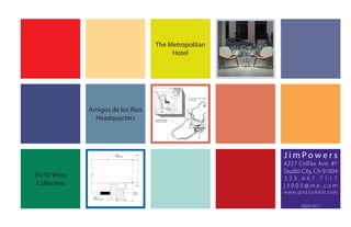 The Metropolitan
                                                                         Hotel




                                                                                                             KITCHEN GARDEN

                                                                                                 POND                  TO PARKING LOT




                                                                                                           BIO-SWALE                    PECK ROAD WATER CONSERVATION PARK
                                                                                                                                        5401 N. PECK ROAD
                                                                                                                                        ARCADIA, CA 91006


                                                                                        PECK PARK CENTER




              Amigos de los Rios                                         RESTORED HABITAT
                                                                                                               BICYCLE PATH




                Headquarters                                        PECK PARK CENTER
                                                                    SITE PLAN - CLOSE UP




                                                                                                                                                            N




                                  VT-03
                                  COUNTERTOP
                                                           R 1/4"
                                                                                                                                                                            JimPowers
                                                                                                                                                                            4227 Colfax Ave. #F
                                                                                                                                                                            Studio City, CA 91604
                                                            2"




35-50 Wine                                                                                                                                                                  323.447.7117
 Collective                                                                                                                                                                 j3000@me.com
                                                 1/2"




                                                          R 1/4"




                                                        PT-10
                                                        PAINT
                                                                                                                                                                            w w w.jpid.tumblr.com
               PL-02
               PLASTIC LAMINATE
                                               1 1/2"



                                                                                                                                                                                  ©jpid 2011
 
