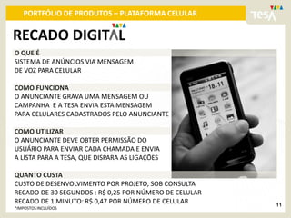 PORTFÓLIO DE PRODUTOS – PLATAFORMA CELULAR

RECADO DIGIT L
O QUE É
SISTEMA DE ANÚNCIOS VIA MENSAGEM
DE VOZ PARA CELULAR

COMO FUNCIONA
O ANUNCIANTE GRAVA UMA MENSAGEM OU
CAMPANHA E A TESA ENVIA ESTA MENSAGEM
PARA CELULARES CADASTRADOS PELO ANUNCIANTE

COMO UTILIZAR
O ANUNCIANTE DEVE OBTER PERMISSÃO DO
USUÁRIO PARA ENVIAR CADA CHAMADA E ENVIA
A LISTA PARA A TESA, QUE DISPARA AS LIGAÇÕES

QUANTO CUSTA
CUSTO DE DESENVOLVIMENTO POR PROJETO, SOB CONSULTA
RECADO DE 30 SEGUNDOS : R$ 0,25 POR NÚMERO DE CELULAR
RECADO DE 1 MINUTO: R$ 0,47 POR NÚMERO DE CELULAR       11
*IMPOSTOS INCLUÍDOS
 