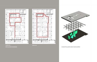 LOWER LEVEL            UPPER LEVEL

CIRCULATION DIAGRAMS                 CONCEPTUAL/EXPLODED AXONOMETRIC
 