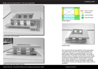 modelling project
Single unit and multy function. The new households




                                                                                                                        Mutual circulation
                                                                                                                        Private space

                                                                                                                        Communal space

                                                                                                                        Semi-public space


                                                                            Spatial diagram




                                                                                               Physical model.




Physical model. Communal spaces




                                                                            Physical model.


                                                                            From the french flat and the apartment to the post-existent
                                                                            non partition walls, the LOFT. The new households, from
                                                                            single room occupancy to extended families. From living
                                                                            apart together to the assisted living facilities. The rescue of
                                                                            models in history of housing. A journey within society. Places
                                                                            and spaces as semi mediators. Access systems and semi-
                                                                            public spaces. Generation of a model-system to perceive
                                                                            space. Hybrid facilities, furniture and partition walls dictate
                                                                            the distribution scheme and interaction within a fixed number of
                                                                            inhabitants.
Physical model. Side view of private zone

Habitat Disociat. Universitad Politecnica de Catalunya, Barcelona, Spain.         Costanza Profumo
 