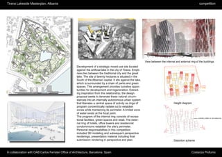 Tirana Lakeside Masterplan. Albania                                                                                                                              competition




                                                                                                                  View between the internal and external ring of the buildings
                                                      Development of a strategic mixed-use site located
                                                      against the artificial lake in the city of Tirana. Empti-
                                                      ness lies between the traditional city and the great
                                                      lake. The site of twenty hectares is situated in the
                                                      South of the Albanian capital. It sits against the lake,
                                                      which is surrounded by a chain of parks and green
                                                      spaces. This arrangement provides lucrative oppor-
                                                      tunities for development and regeneration. Extract-
                                                      ing inspiration from this relationship, the design
                                                      proposal seeks to itenerate these natural circum-
                                                      stances into an internally autonomous urban system
                                                      that liberates a central space of activity as rings of                               Height diagram
                                                      program concentrically radiate out to establish
                                                      zones while mantaining its perimeter. A limited zone
                                                      of water exists at the focal point.
                                                      The program of the internal ring consists of recrea-                                                     + 8 STORY_START OF DEFORMATION
                                                      tional facilities, green spaces and retail. The exter-
                                                      nal ring of hotels, office towers and residencial
                                                      condominiums establish the site’s perimeter.
                                                      Personal responsabilities in this competition
                                                      included 3D modeling and subsequent perspective
                                                      renderings, presentation material including final
                                                      submission rendering in perspective and plan.                                        Distortion scheme



In collaboration with OAB Carlos Ferrater Office of Architecture, Barcelona. Spain                                                                        Costanza Profumo
 