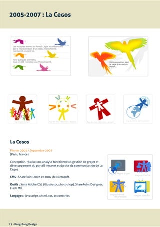 2005-2007 : La Cegos




La Cegos
Février	2005	/	Septembre	2007
(Paris,	France)

Conception,	réalisation,	analyse	fonctionnelle,	gestion	de	projet	et	
développement	du	portail	intranet	et	du	site	de	communication	de	La	
Cegos.

CMS : SharePoint	2003	et	2007	de	Microsoft.

Outils : Suite	Adobe	CS1	(illustrator,	photoshop),	SharePoint	Designer,	
Flash	MX.

Langages :	javascript,	xhtml,	css,	actionscript.




15 - Bang-Bang Design
 