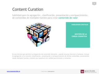 4	
  

Content Curation
habilidad para la agregación , clasificación, presentación y enriquecimiento
de contenidos de múlt...