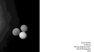 Susan Kulasik
Emphasis
“Wrong Neighborhood”
B & W Photography
2014