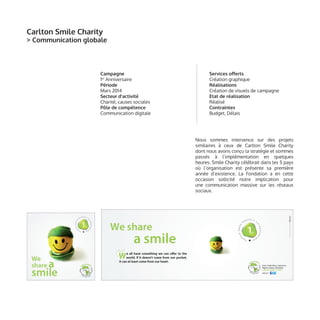 Campagne
Smile4Peace
Période
Février - Avril 2015
Secteur d’activité
Charité, causes sociales
Pôle de compétence
Communica...