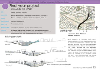 Wadi Abdoun is located west Wadi
Amman, which is a land assembly located
to the southwest of the historic Hedjaz
Railway Station and to the northeast
incorporating the Roman Amphitheatre.
The strip, serves as the eastern
gateway to historic downtown Amman
for visitors traveling from Zarqa and
points beyond. The character of Wadi
Amman is defined by its location along
the seil that distinguishes the Wadis
from their surrounding communities.
Final year project
WEAVING THE WADI
SITE
ANALYSIS
ISSUES
PRECEDENTS
PROCESS
BRAINSTORM
DESIGN
Urban, Natural, Context
Previous proposals
Finding solutions
Urban park proposal in Wadi Abdoun's city void
An Urban park along the wadi with integrated pathways
and activities connected to different sides of the city with
water collection and erosion control systems Location: Wadi Abdoun
amman/ Jordan
Social barrier , water scarcity, Connection problem
Social, Economical, Historical, Ecological, Cultural ,
Existing sections
Existing Plan
Media: Adobe Photoshop, Illustrator & AutoCAD
Leen Maraqa PORTFOLIO I 13
Chair’s Award of Excellence to outstanding Final Year Landscape Architecture Student 	
 