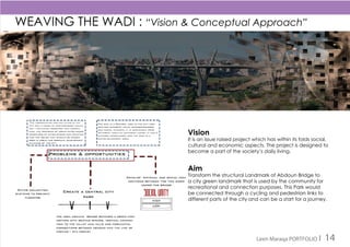 Leen Maraqa PORTFOLIO I 14
WEAVING THE WADI : “Vision & Conceptual Approach”
Vision
It is an issue raised project which has within its folds social,
cultural and economic aspects. The project is designed to
become a part of the society’s daily living.
Aim
Transform the structural Landmark of Abdoun Bridge to
a city green landmark that is used by the community for
recreational and connection purposes. This Park would
be connected through a cycling and pedestrian links to
different parts of the city and can be a start for a journey.
 