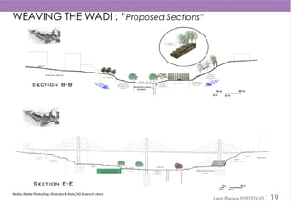 WEAVING THE WADI : “Proposed Sections”
Media: Adobe Photoshop, Illustrator & AutoCAD & pencil colors
Leen Maraqa PORTFOLIO I 19
 