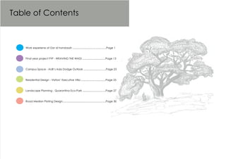Table of Contents
Work experiene at Dar al handasah .............................................Page 1
Final year project FYP - WEAVING THE WADI ...............................Page 13
Campus Space - AUB’s Ada Dodge Outlook ..............................Page 23
Residential Design - Visitors’ Executive Villa .................................Page 25
Landscape Planning - Quarantina Eco-Park ...............................Page 27
Road Median Plating Design..........................................................Page 30
 