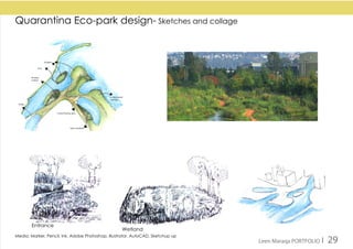 Media: Marker, Pencil, Ink, Adobe Photoshop, Illustrator, AutoCAD, Sketchup up
Quarantina Eco-park design- Sketches and collage
Entrance
Wetland
Leen Maraqa PORTFOLIO I 29
 