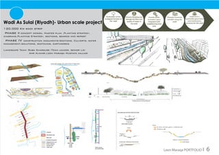 Wadi As Sulai (Riyadh)- Urban scale project
120.000 Km wadi strip
phase ii concept design, Master plan ,Planting strategy,
diagrams,Planting Strategy, sections, boards and report
phase IV construction documents-Sections, Culverts, water
management,solutions, sketching, earthworks
Landscape Team: Ruba Sharoure (Team leader, senior LA)
		 Amr Alnimri,Leen Maraqa Mustafa najjar
Leen Maraqa PORTFOLIO I 6
 