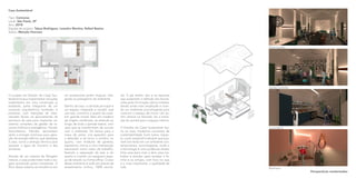 Casa Sustentável
Tipo: Concurso
Local: São Paulo, SP
Ano: 2018
Equipe de projeto: Taíssa Rodrigues, Leandro Martins, Rafael Bastos
Status: Menção Honrosa
O projeto do Estúdio do Casal Sus-
tentável busca implementar soluções
sustentáveis em uma construção já
existente, parte integrante de um
conjunto arquitetônico tombado, e
portanto, com restrições de inter-
venções físicas, se aproveitando da
estrutura da casa para implantar um
sistema completo de gestão de re-
cursos hídricos e energéticos. Painéis
fotovoltaicos híbridos aproveitam
tanto a energia luminosa para gera-
ção da energia elétrica que abastece
a casa, como a energia térmica para
aquecer a água do chuveiro e das
torneiras.
Através de um sistema de filtragem
natural, a casa pode tratar todo o es-
goto produzido pelos moradores. O
filtro desse sistema se transforma em
um exuberante jardim tropical, inte-
grado ao paisagismo do ambiente.
Dentro da casa, o cômodo principal é
um espaço integrado e versátil, que
une sala, cozinha e o quarto do casal.
Um grande móvel, feito em madeira
de origem certificada, se estende ao
longo de toda a parede lateral, com
usos que se transformam de acordo
com o ambiente. De banco para a
mesa de jantar, vira aparador para
a televisão e se torna o armário no
quarto, com módulos de gavetas,
sapateiros, nichos e uma intersecção
transversal como mesa de trabalho,
fazendo a separação da sala e do
quarto e criando um pequeno espa-
ço de estudo ou home-office. O piso
desse ambiente é todo em placas de
revestimento vinílico, 100% reciclá-
vel. O pé direito alto e as tesouras
que sustentam o telhado são favore-
cidos pela iluminação cênica indireta,
dando ainda mais amplitude e crian-
do um ambiente aconchegante para
vivenciar o espaço de morar. Um jar-
dim vertical na fachada, faz a transi-
ção do quintal para o espaço interno.
O Estúdio do Casal Sustentável reú-
ne os mais modernos conceitos de
sustentabilidade (com baixo impac-
to, custo acessível e sempre que pos-
sível low-tech) em um ambiente con-
temporâneo, aconchegante, onde o
a tecnologia é uma poderosa aliada.
Uma casa para viver a dois, para tra-
balhar e estudar, para receber a fa-
mília e os amigos, com foco no que
é o mais importante: a qualidade de
vida.
Estar/quarto
Jantar/cozinha
Lavanderia
Banheiro
Perspectivas renderizadas
 