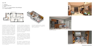 Apto. MB
Tipo: Reforma
Local: Rio de Janeiro, RJ
Ano: 2017
Equipe de projeto: Leandro Martins, Taíssa Rodrigues
Status: Estudo Preliminar
Localizado no bairro do Méier, zona
norte do Rio de Janeiro, os clientes
buscavam reformar seu apartamento
e se adequar ao novo integrante da
família, um cão de porte médio. Sen-
do assim, o projeto se concentrou em
mudanças estratégicas, integrando
espaços e criando novas marcena-
rias, que se adaptem à vinda do ca-
chorro, e ao mesmo tempo tragam
mais conforto para os moradores.
Para integrar e redimensionar os es-
paços, as dependências localizadas
nos fundos da área de serviço, que
eram subaproveitadas, foram utiliza-
das para ampliar a cozinha e criar um
novo ambiente destinado ao cão. A
implementação de prateleiras altas
serviu para manter parte do ambien-
te como despensa.
A cozinha americana, aberta para a
sala, foi ampliada, aumentando a in-
tegração entre os dois ambientes. A
bancada única em “L”, esculpida em
Silestone, se estende desde a área
de serviço até a sala, passando pela
cozinha, como o grande elemento
que unifica os espaços.
Os quartos também foram redimen-
sionados para atender às necessi-
dades específicas de cada morador,
como a criação de mais armários em
um quarto; e um espaço integrado
para o computador e a televisão jun-
to à cama no outro.
Os materiais e revestimentos tam-
bém foram pensados de maneira
estratégica. O piso único em porce-
lanato off-white e a palheta de co-
res neutra escolhida para o projeto
ajudam a proporcionar unidade em
todo o apartamento.
Quarto
Sala de estar
Cozinha americana
Perspectivas renderizadas
 