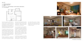 Apto. LM​
Tipo: Reforma e Interiores
Local: Rio de Janeiro, RJ
Ano: 2018
Equipe de projeto: Taíssa Rodrigues, Leandro Martins, Rafael Bastos
Status: Em execução
Como seu primeiro apartamento, a
cliente escolheu morar na casa que
era dos avós, um apartamento de
originalmente 3 quartos, mas que foi
profundamente desconfigurado ao
longo dos anos, sem uma deixar de-
finição clara dos espaços e com uma
organização confusa dos cômodos.​
O projeto de reforma buscou rees-
tabelecer alguns cômodos originais,
mas atualizando a planta para 2 quar-
tos, com conceito aberto entre a sala
de estar, jantar e a cozinha. Além dis-
so, uma modernização completa dos
revestimentos e instalações comple-
tam o objetivo da obra.
Durante a demolição, a surpresa foi
um pilar inclinado entre a sala e a co-
zinha, que foi incorporado ao projeto
como parte da bancada da cozinha
americana. Para valorizar ainda mais
as estruturas, vigas e pilares foram
descascados e deixados aparentes,
em especial na sala de estar.
Com a derrubada do quarto que fica-
va junto ao estar, surgiu a sala de jan-
tar, também integrada visualmente à
cozinha. O elemento estrutural que
dividia a sala e o quarto demolido
serviu para definir a largura de uma
pequena varanda criada com cobo-
gós, que além de dividirem esses
espaços, servem de pano de fundo
para a mesa de jantar.
O mobiliário nos estilos minimalista/
retrô e o piso laminado em tom de
carvalho buscam um aconchego na
ambientação do espaço, e pontos
com cores fortes, como o amarelo
da varanda e as diagonais em verde
das portas, trazem uma vibração mais
enérgica, para combinar com o estilo
e o jeito da cliente.
Sala de estar
Sala de estar Cozinha
Sala de jantar Banheiro
Perspectivas renderizadas
Sala de jantar
 