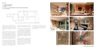 Sala de estar
Cozinha
Sala de jantar
Banheiro
Perspectivas renderizadas
Varanda
Apto. AD​
Tipo: Reforma e Interiores
Local: Rio de Janeiro, RJ
Ano: 2018
Equipe de projeto: Taíssa Rodrigues, Leandro Martins, Rafael Bastos
Status: Em execução
O apartamento de 2 quartos, num
edifício recém construído em uma
rua tranquila da Tijuca, foi a escolha
do casal de clientes para morarem
juntos.
Por ser uma construção nova, a pro-
posta buscou o máximo aproveita-
mento das condições existentes, rea-
lizando intervenções mais profundas
nas áreas molhadas (banheiro, lavabo
e cozinha). Para os demais ambien-
tes, o projeto englobou layout do
mobiliário, iluminação e marcenarias.
A sala em dois ambientes (estar e jan-
tar) recebeu tons claros nas paredes
e no mobiliário escolhido, e um gran-
de painel de madeira, que engloba
o rack da tv e uma estante, deixa o
ambiente mais aconchegante, refor-
çando a horizontalidade da sala e
reforçando o percurso até a varanda.
Na cozinha, a bancada contínua em
“L” unifica toda a área de prepa-
ro com cooktop e cuba embutidos,
além de gerar uma continuidade com
a bancada para refeições rápidas. O
bloco com armário, geladeira e tor-
re quente (forno à gás e microondas)
também auxilia na dinâmica da cozi-
nha.
Na suíte principal, a cama tamanho
queen norteou a composição do pai-
nel traseiro e do armário, otimizando
o espaço disponível. O banheiro da
suíte foi alvo de uma reformulação
completa, com troca de revestimen-
tos, louças e metais.
O lavabo da casa também foi total-
mente renovado, e a varanda rece-
beu intervenções pontuais, como o
jardim vertical.
Quarto
Cozinha
 