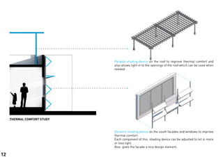 Pergola shading device on the roof to improve thermal comfort and
also allows light in to the openings of the roof which can be used when
needed.
Dynamic shading device on the south facades and windows to improve
thermal comfort.
Each component of this shading device can be adjusted to let in more
or less light.
Also gives the facade a nice design element.
THERMAL COMFORT STUDY
12
 
