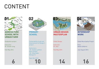 CONTENT
03 04
6 10 14 16
AGRICULTURE
SCHOOL WITH
URBAN FARM
Graduation project
Instructor:
Dr. Chuloh Jung
Feb-May 2016
PRIMARY
SCHOOL
Sustainability study and
Improvement of Design 3
project
Instructors:
-Dr. Gisela Loehlein
(Hot climate)
-Dr. Afaq Hyder 	
(Design 3)
Sept-Dec 2015
URBAN DESIGN
MASTERPLAN
Urban Design
Instructor:
Dr. Arar
Feb-May 2015
INTERNSHIP
WORK
Dubai Municipality Project
Firm:
Adnan Saffarini
July-August 2016
01 02
 