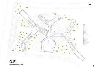 SITE PLAN
1
1
1
1
1
1
1
1
1
2
3
4
5
6
7
8
9
10
11
12
13
14
15
16
17
18
19
20
21
22
23
Classroom
LEGEND
G.F
Workshop
Student lounge
Stationary
Convenient store
Exhibition space
Food court
Toilet
Digital lab
Library
Public lecture hall
Lecture hall
Research and development
Gym / Indoor sports
Lab
Conference room
Students club
Waiting area
Finance
Admission & registration
Office
Student affairs
HR department
1
1
1
1
1
1
1
1
2
2
2
2
2
5
6
9
4
3
7
7
7
8
2
8
8
8
8
17
18
14
13 13
10
13
12
11
11
3
8
19
20
21
21
21
21
21
22
21
21
21
23
21
21
21
16
16
16
15
15
15
1
1
1
1
GROUND FLOOR PLAN
N
9
 
