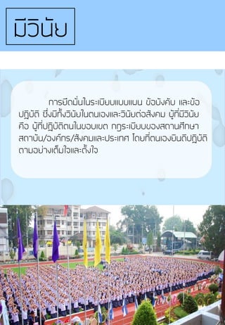 การยึดมั่นในระเบียบแบบแผน ข้อบังคับ และข้อ
ปฏิบัติ ซึ่งมีทั้งวินัยในตนเองและวินัยต่อสังคม ผู้ที่มีวินัย
คือ ผู้ที่ปฏิบัติตนในขอบเขต กฎระเบียบของสถานศึกษา
สถาบัน/องค์กร/สังคมและประเทศ โดยที่ตนเองยินดีปฏิบัติ
ตามอย่างเต็มใจและตั้งใจ
มีวินัย
 