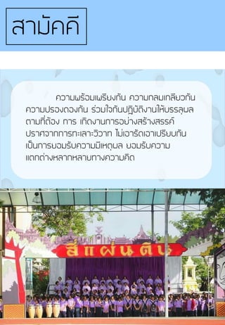 ความพร้อมเพรียงกัน ความกลมเกลียวกัน
ความปรองดองกัน ร่วมใจกันปฏิบัติงานให้บรรลุผล
ตามที่ต้อง การ เกิดงานการอย่างสร้างสรรค์
ปราศจากการทะเลาะวิวาท ไม่เอารัดเอาเปรียบกัน
เป็นการยอมรับความมีเหตุผล ยอมรับความ
แตกต่างหลากหลายทางความคิด
สามัคคี
 