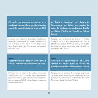 Educação permanente em saúde e os
modos de pensar e fazer gestão, atenção,
formação e participação no e para o SUS
Pesquisa com o objetivo de analisar a política de
educação permanente em saúde, considerando
sua contribuição para novos modos de pensar e
fazer Gestão, Atenção, Formação e participação
social no SUS.
A Política Nacional de Educação
Permanente em Saúde em relação às
ações formativas executadas pela Escola
de Saúde Pública do Estado de Minas
Gerais
Pesquisa com o objetivo de analisar a Política
Nacional de Educação Permanente em Saúde
(PNEPS), no Estado de Minas Gerais, em relação
às ações formativas executadas pela ESP-MG, no
período de 2007 a 2017.
Avaliação da aprendizagem no Curso
Técnico de Saúde Bucal da Escola de
Saúde Pública do Estado de Minas Gerais
Pesquisa com o objetivo de investigar as práticas
de avaliação da aprendizagem desenvolvidas nos
períodos de concentração e dispersão do Curso
Técnico em Saúde Bucal da ESP-MG.
Descentralização e cooperação no SUS: o
caso da Assistência Farmacêutica Básica
Pesquisa com o objetivo de analisar os arranjos
institucionais de cooperação intergovernamental
praticados entre os entes subnacionais para operar a
descentralizaçãodoSUS,comenfoquenaassistência
farmacêutica básica.
30
 