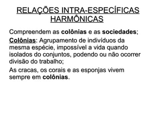 RELAÇÕES IINNTTRRAA--EESSPPEECCÍÍFFIICCAASS 
HHAARRMMÔÔNNIICCAASS 
CCoommpprreeeennddeemm aass ccoollôônniiaass ee aass ssoocciieeddaaddeess;; 
CCoollôônniiaass:: AAggrruuppaammeennttoo ddee iinnddiivvíídduuooss ddaa 
mmeessmmaa eessppéécciiee,, iimmppoossssíívveell aa vviiddaa qquuaannddoo 
iissoollaaddooss ddoo ccoonnjjuunnttooss,, ppooddeennddoo oouu nnããoo ooccoorrrreerr 
ddiivviissããoo ddoo ttrraabbaallhhoo;; 
AAss ccrraaccaass,, ooss ccoorraaiiss ee aass eessppoonnjjaass vviivveemm 
sseemmpprree eemm ccoollôônniiaass.. 
 