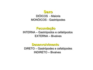 SSeexxoo 
DDIIÓÓIICCOOSS -- MMaaiioorriiaa 
MMOONNÓÓIICCOOSS -- GGaassttrróóppooddeess 
FFeeccuunnddaaççããoo 
IINNTTEERRNNAA –– GGaassttrróóppooddooss ee cceeffaallóóppooddooss 
EEXXTTEERRNNAA –– BBiivvaallvveess 
DDeesseennvvoollvviimmeennttoo 
DDIIRREETTOO –– GGaassttrróóppooddeess ee cceeffaallóóppooddeess 
IINNDDIIRREETTOO –– BBiivvaallvveess 
 