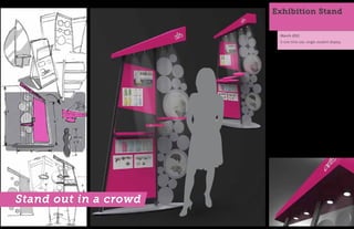 Exhibition Stand


                            March 2011
                            A one-time use, single student display




                       Requirements:
                       	    - maximum 4'x4' footprint
                       	    - use Octanorm technology

                       Constructed based on the Octanorm
                       system, this exhibit design boasts bright
                       colours and unique shapes to grab the
                       attention of passers-by. A built in lighting
                       system ensures clear views of the student's
                       projects, and the header means that
                       exhibitioners can always find their way back
                       to the booth. This design is fun, unique and
                       the perfect way to draw a crowd.




Stand out in a crowd
 