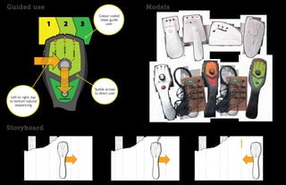 Guided use                                                                             Models
                                                                        Colour coded
                                                                         steps guide
                                                                            user




                                                 WATER
                      METAL




                                                          WOOD




                                                 READY
                                                                      Subtle arrows
                                                                      to direct user
 Left to right, top           CALIBRATE
to bottom natural
   sequencing




Storyboard
                                                         CALIBRATE.                    MARK                        EDGE.   REPEAT.
                                         WATER




                                                                                                                                        WATER
                                                                                                   WATER
                              METAL




                                                  WOOD




                                                                                                                             METAL
                                                                                        METAL




                                                                                                                                                 WOOD
                                                                                                            WOOD
                                         READY
                                                                                                   READY                                READY




                                      CALIBRATE
                                                                                                CALIBRATE                            CALIBRATE
 