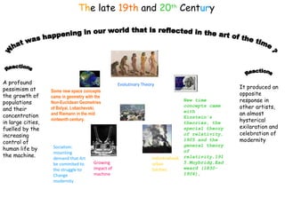 The late 19th and 20th
Century
Some new space concepts
came in geometry with the
Non-Euclidean Geometries
of Bolyai, Lobachevski,
and Riemann in the mid
ninteenth century.
New time
concepts came
with
Einstein's
theories, the
special theory
of relativity,
1905 and the
general theory
of
relativity,191
5.Muybridg,Ead
weard (1830-
1904),
Industrialised,
urban
Socities.
Growing
impact of
machine
A profound
pessimism at
the growth of
populations
and their
concentration
in large cities,
fuelled by the
increasing
control of
human life by
the machine.
It produced an
opposite
response in
other artists,
an almost
hysterical
exilaration and
celebration of
modernity
Socialism:
mounting
demand that Art
be commited to
the struggle to
Change
modernity
Evolutinary Theory
 