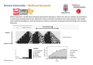 Rubens	
  Zimbres	
  Fev/2016	
   125	
  
	
  
	
  
Below	
  I	
  present	
  a	
  model	
  that	
  simulates	
  population	
  dynamics,	
  where	
  we	
  can	
  see	
  number	
  of	
  consumers	
  
in	
  each	
  class	
  (satisfaction	
  levels,	
  diferente	
  colors)	
  and	
  their	
  evolution	
  over	
  time	
  (weeks).	
  The	
  model	
  
uses	
  artificial	
  intelligence	
  with	
  autonomous	
  choices	
  of	
  partners	
  (unsupervised	
  learning)	
  and	
  complex	
  
behavior.	
  
Tempo	
  t	
  
	
  
	
  
	
  
	
  
	
  
	
  
Tempo	
  t+23	
  
	
  
	
  
	
  
	
  
Consumidores	
  
Estados	
  
 