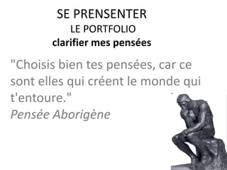 SE PRESENTER (enfin)
PORTFOLIO
J’AI CONSCIENCE DES MES
APTITUDES, MES FORCES,
MES COMPETENCES, MES
FAIBLESSES ET AUSSI DES
POINTS QUE JE DESIRE
AMELIORER.
JE CONNAIS MES
OBJECTIFS ET MES BUTS.
 