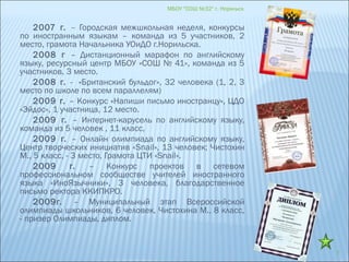 МБОУ "СОШ №32" г. Норильск
7
2007 г. – Городская межшкольная неделя, конкурсы
по иностранным языкам – команда из 5 участников, 2
место, грамота Начальника УОиДО г.Норильска.
2008 г – Дистанционный марафон по английскому
языку, ресурсный центр МБОУ «СОШ № 41», команда из 5
участников, 3 место.
2008 г. - «Британский бульдог», 32 человека (1, 2, 3
место по школе по всем параллелям)
2009 г. – Конкурс «Напиши письмо иностранцу», ЦДО
«Эйдос», 1 участница, 12 место.
2009 г. – Интернет-карусель по английскому языку,
команда из 5 человек , 11 класс,
2009 г. – Онлайн олимпиада по английскому языку,
Центр творческих инициатив «Snail», 13 человек; Чистохин
М., 5 класс, - 3 место, Грамота ЦТИ «Snail».
2009 г. – Конкурс проектов в сетевом
профессиональном сообществе учителей иностранного
языка «ИноЯзычники», 3 человека, благодарственное
письмо ректора ККИПКРО.
2009г. – Муниципальный этап Всероссийской
олимпиады школьников, 6 человек, Чистохина М., 8 класс,
- призер Олимпиады, диплом.
 