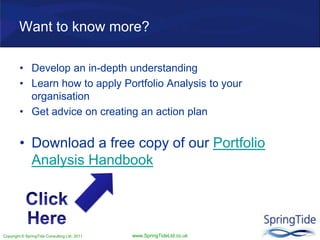 Copyright © SpringTide Consulting Ltd 2011 www.SpringTideLtd.co.uk
Want to know more?
• Develop an in-depth understanding
• Learn how to apply Portfolio Analysis to your
organisation
• Get advice on creating an action plan
• Download a free copy of our Portfolio
Analysis Handbook
 