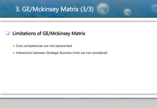 3. GE/Mckinsey Matrix (3/3)
 Limitations of GE/Mckinsey Matrix
 Core competencies are not represented
 Interactions between Strategic Business Units are not considered
 