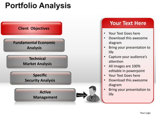Portfolio Analysis

                                               Your Text Here
    Client Objectives
                                            • Your Text Goes here
                                            • Download this awesome
  Fundamental Economic                        diagram
        Analysis                            • Bring your presentation to
                                              life
                                            • Capture your audience’s
        Technical
                                              attention
      Market Analysis
                                            • All images are 100%
                                              editable in powerpoint
           Specific                         • Your Text Goes here
       Security Analysis                    • Download this awesome
                                              diagram
                                            • Bring your presentation to
              Active                          life
                           Your Portfolio
            Management


                                                                 Your Logo
 