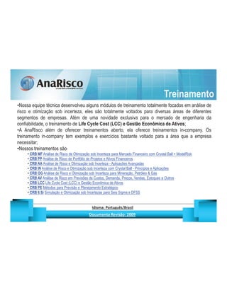 Treinamento
 Nossa equipe técnica desenvolveu alguns módulos de treinamento totalmente focados em análise de
risco e otimização sob incerteza, eles são totalmente voltados para diversas áreas de diferentes
segmentos de empresas. Além de uma novidade exclusiva para o mercado de engenharia da
confiabilidade, o treinamento de Life Cycle Cost (LCC) e Gestão Econômica de Ativos;
 A AnaRisco além de oferecer treinamentos aberto, ela oferece treinamentos in-company. Os
treinamento in-company tem exemplos e exercícios bastante voltado para a área que a empresa
necessitar;
 Nossos treinamentos são:
     4




         CRB MF Análise de Risco de Otimização sob Incerteza para Mercado Financeiro com Crystal Ball + ModelRisk
     4




         CRB PP Análise de Risco de Portfólio de Projetos e Ativos Financeiros
     4




         CRB AA Análise de Risco e Otimização sob Incerteza - Aplicações Avançadas
     4




         CRB IN Análise de Risco e Otimização sob Incerteza com Crystal Ball - Princípios e Aplicações
     4




         CRB OG Análise de Risco e Otimização sob Incerteza para Mineração, Petróleo  Gás
     4




         CRB AV Análise de Risco em Previsões de Custos, Demanda, Preços, Vendas, Estoques e Outros
     4




         CRB LCC Life Cycle Cost (LCC) e Gestão Econômica de Ativos
     4




         CRB PE Métodos para Previsão e Planejamento Estratégico
     4




         CRB 6 Si Simulação e Otimização sob Incertezas para Seis Sigma e DFSS


                                                           ¡       ¢   £   ¤       ¥       ¦       §           £   ¨       ©                                                    ¨       ¥              ¢   




                                                                            !              #       $              %                         '   (       )                  0       1       2       2           3
 
