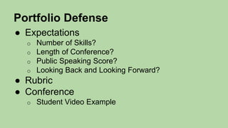 Portfolio Defense
● Expectations
o Number of Skills?
o Length of Conference?
o Public Speaking Score?
o Looking Back and Looking Forward?
● Rubric
● Conference
o Student Video Example
 