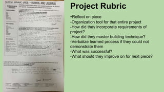 Project Rubric
-Reflect on piece
-Organization tool for that entire project
-How did they incorporate requirements of
project?
-How did they master building technique?
-Verbalize learned process if they could not
demonstrate them
-What was successful?
-What should they improve on for next piece?
 